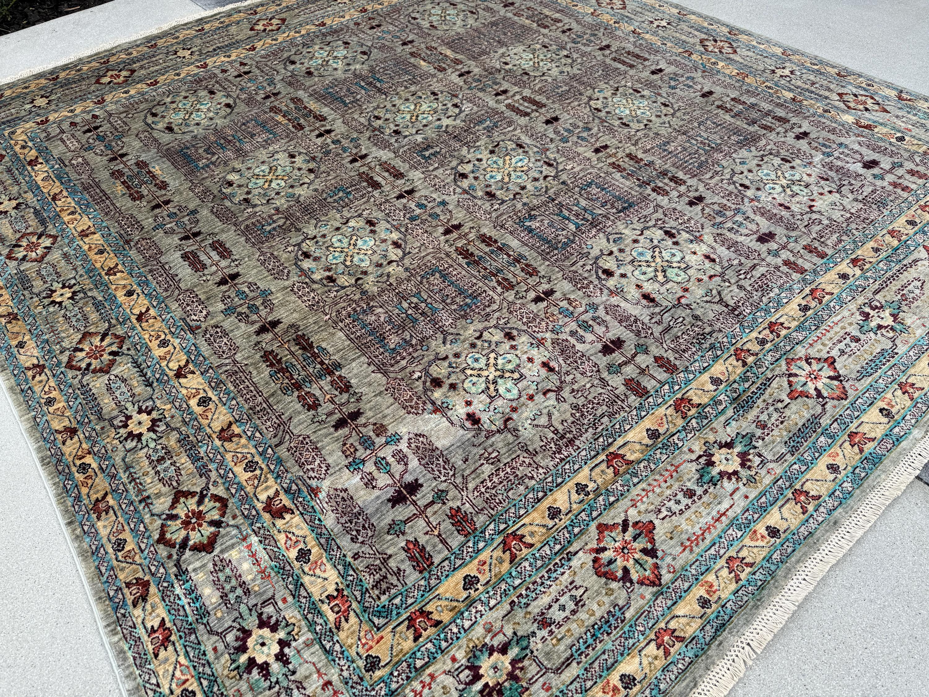 9x10 Handmade Afghan Wool Rug | Muted Tribal Floral Grid Rug | Gray Blue Heirloom Area Rug