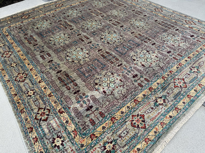 9x10 Handmade Afghan Wool Rug | Muted Tribal Floral Grid Rug | Gray Blue Heirloom Area Rug