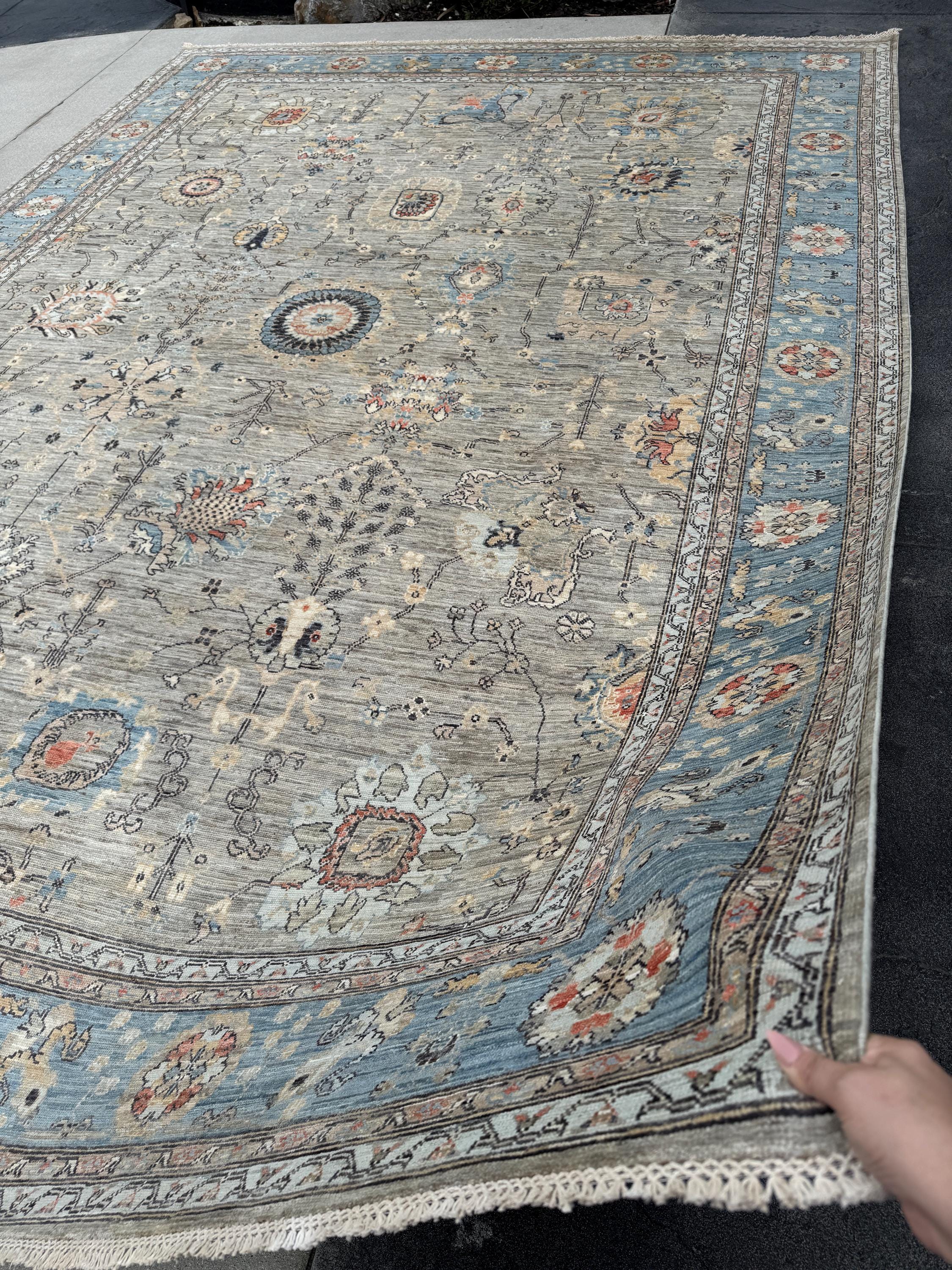 10x14 Handmade Afghan Wool Rug | Large Gray Blue Floral Rug | Oversized Heirloom Area Rug