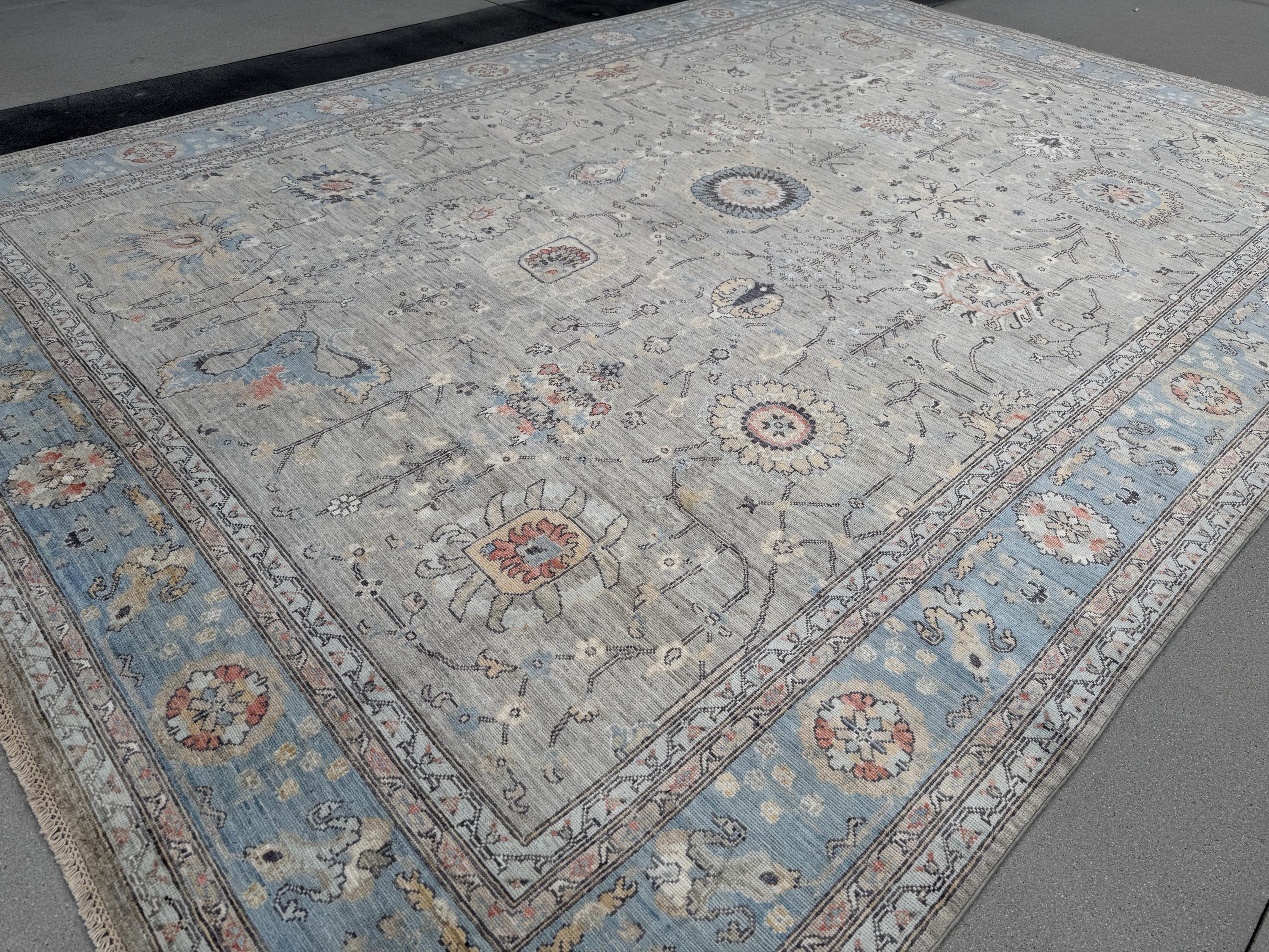 10x14 Handmade Afghan Wool Rug | Large Gray Blue Floral Rug | Oversized Heirloom Area Rug