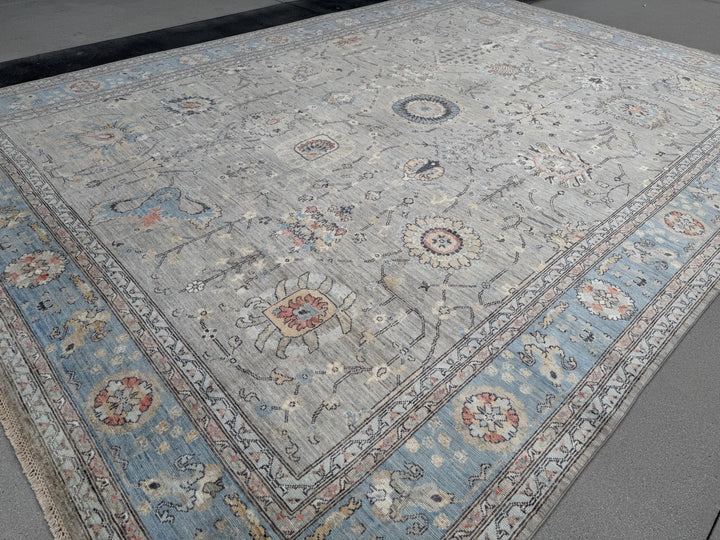 10x14 Handmade Afghan Wool Rug | Large Gray Blue Floral Rug | Oversized Heirloom Area Rug