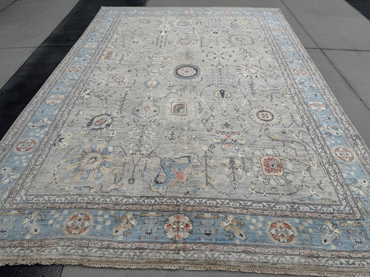 10x14 Handmade Afghan Wool Rug | Large Gray Blue Floral Rug | Oversized Heirloom Area Rug