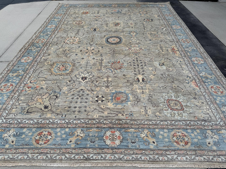 10x14 Handmade Afghan Wool Rug | Large Gray Blue Floral Rug | Oversized Heirloom Area Rug