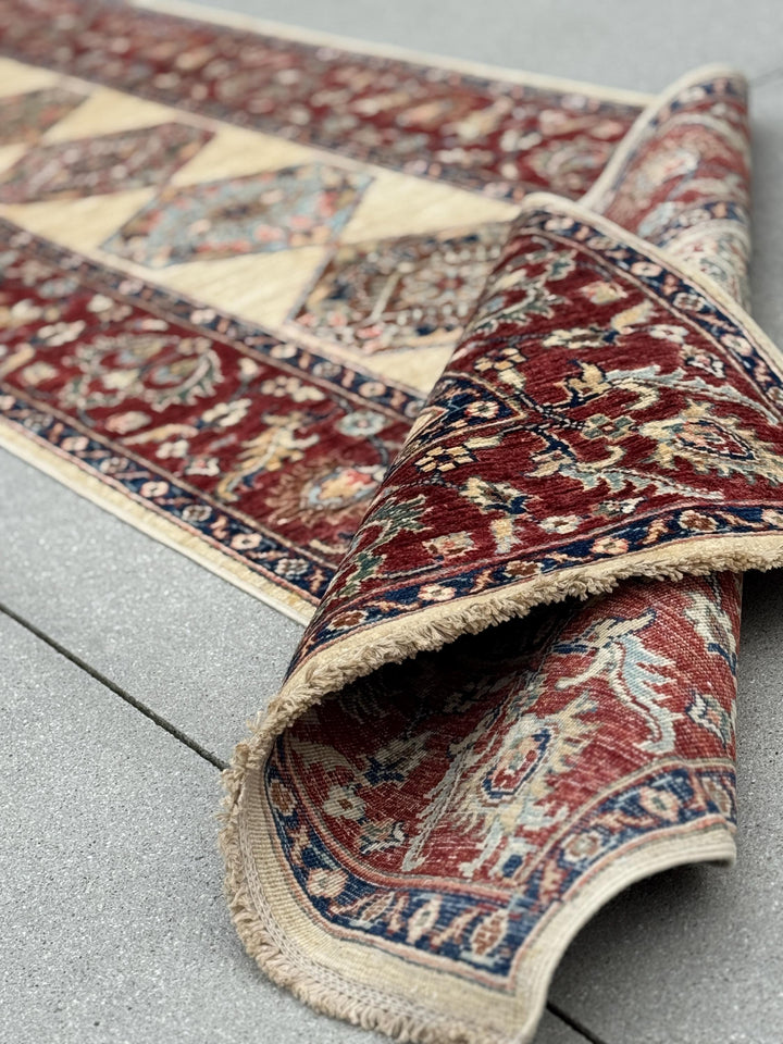 3x14 Handmade Afghan Wool Runner | Long Tribal Medallion Runner Rug | Red Ivory Hallway Runner
