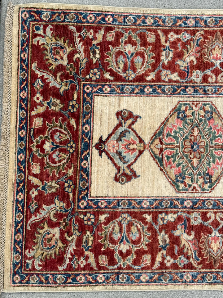 3x14 Handmade Afghan Wool Runner | Long Tribal Medallion Runner Rug | Red Ivory Hallway Runner
