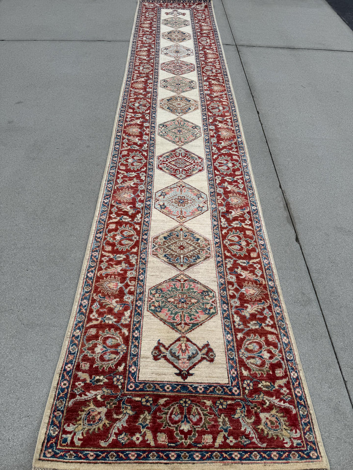 3x14 Handmade Afghan Wool Runner | Long Tribal Medallion Runner Rug | Red Ivory Hallway Runner