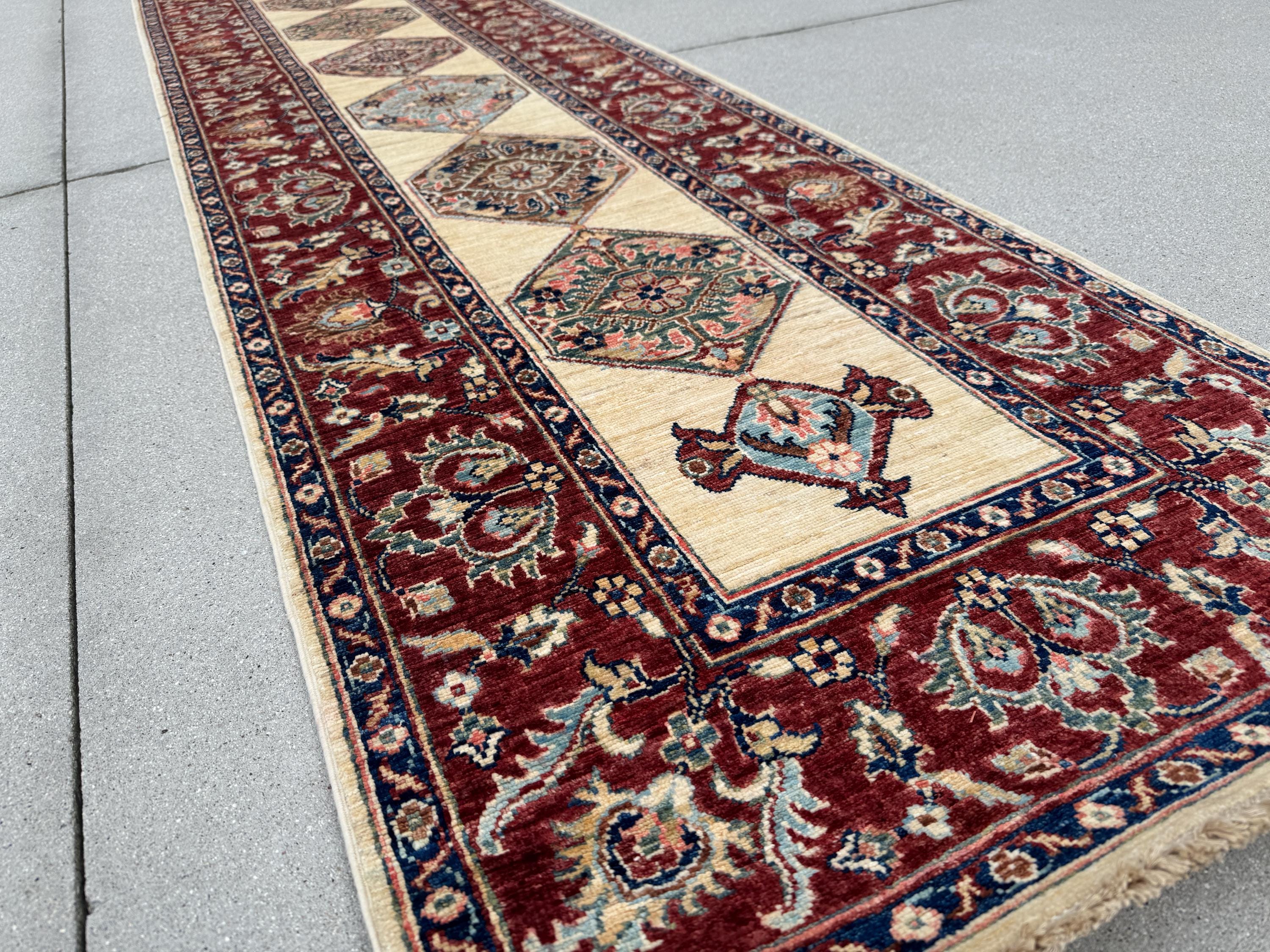 3x14 Handmade Afghan Wool Runner | Long Tribal Medallion Runner Rug | Red Ivory Hallway Runner