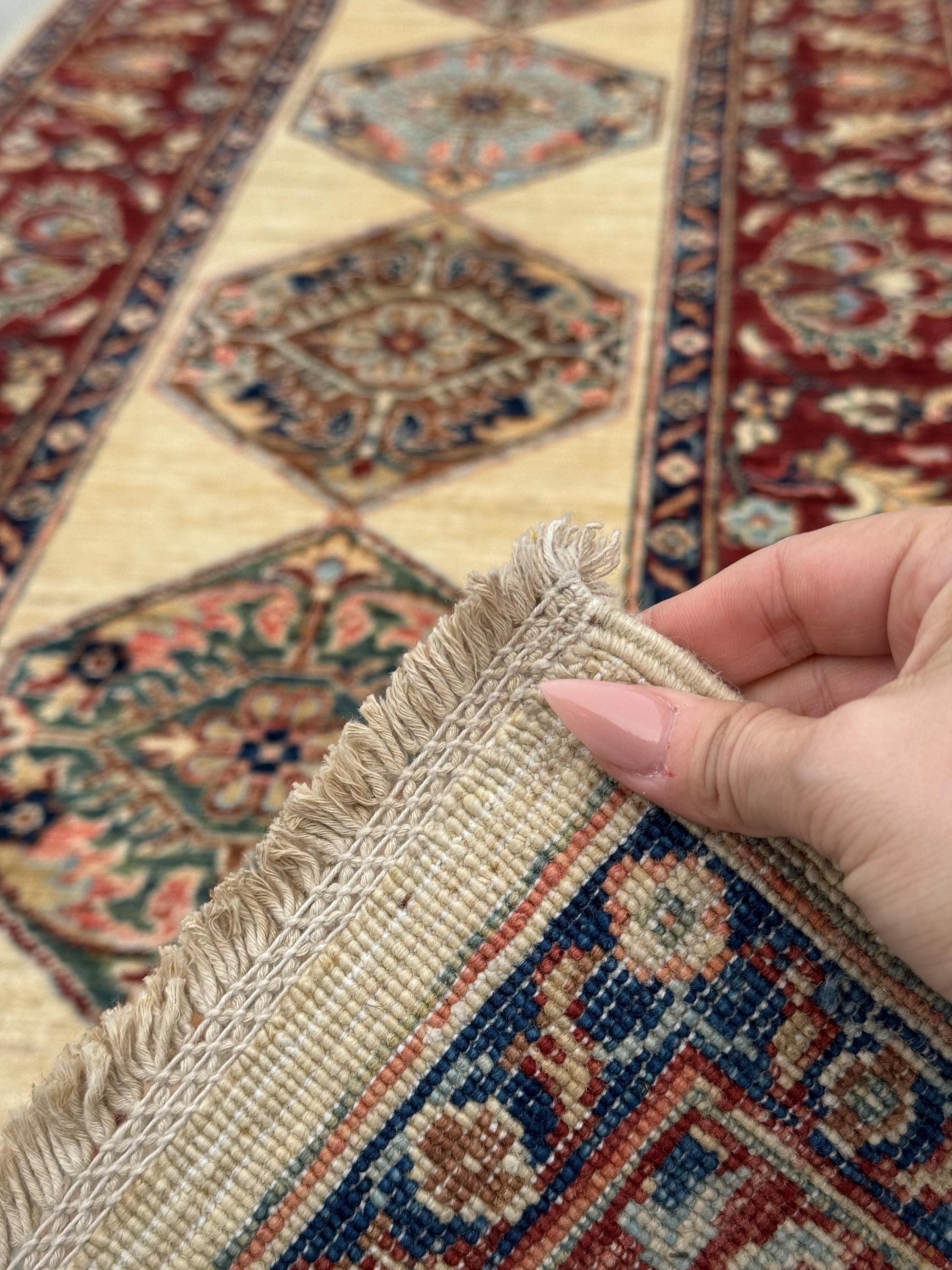 3x14 Handmade Afghan Wool Runner | Long Tribal Medallion Runner Rug | Red Ivory Hallway Runner