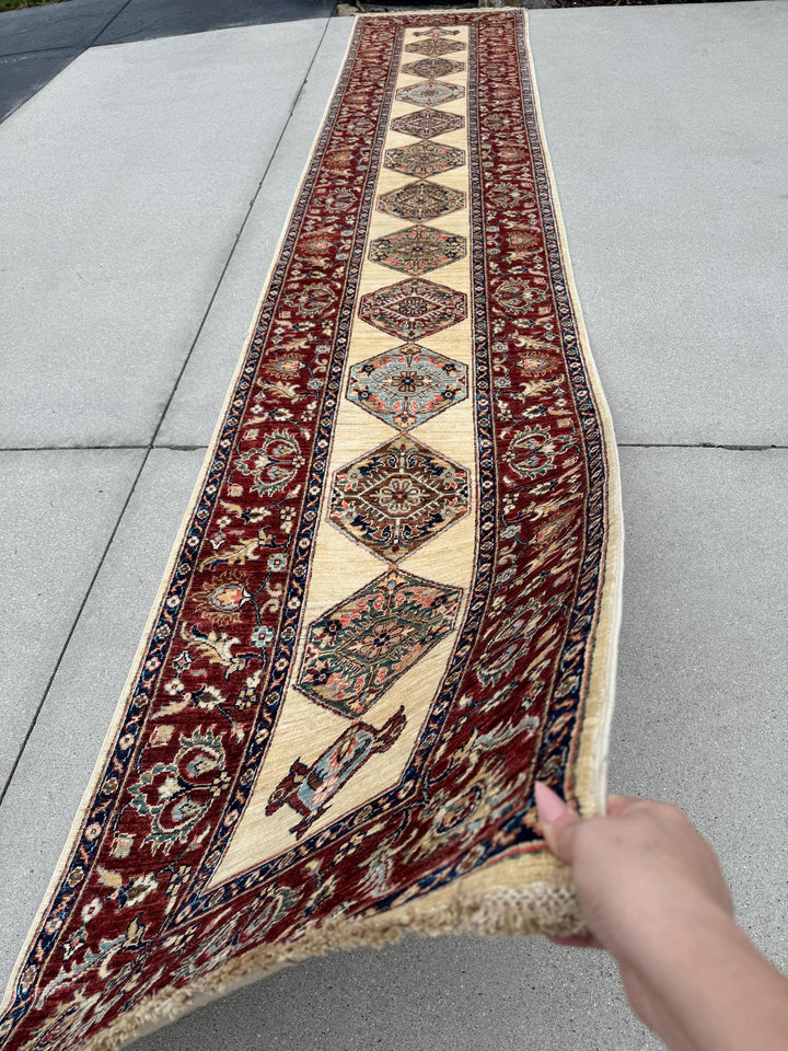 3x14 Handmade Afghan Wool Runner | Long Tribal Medallion Runner Rug | Red Ivory Hallway Runner