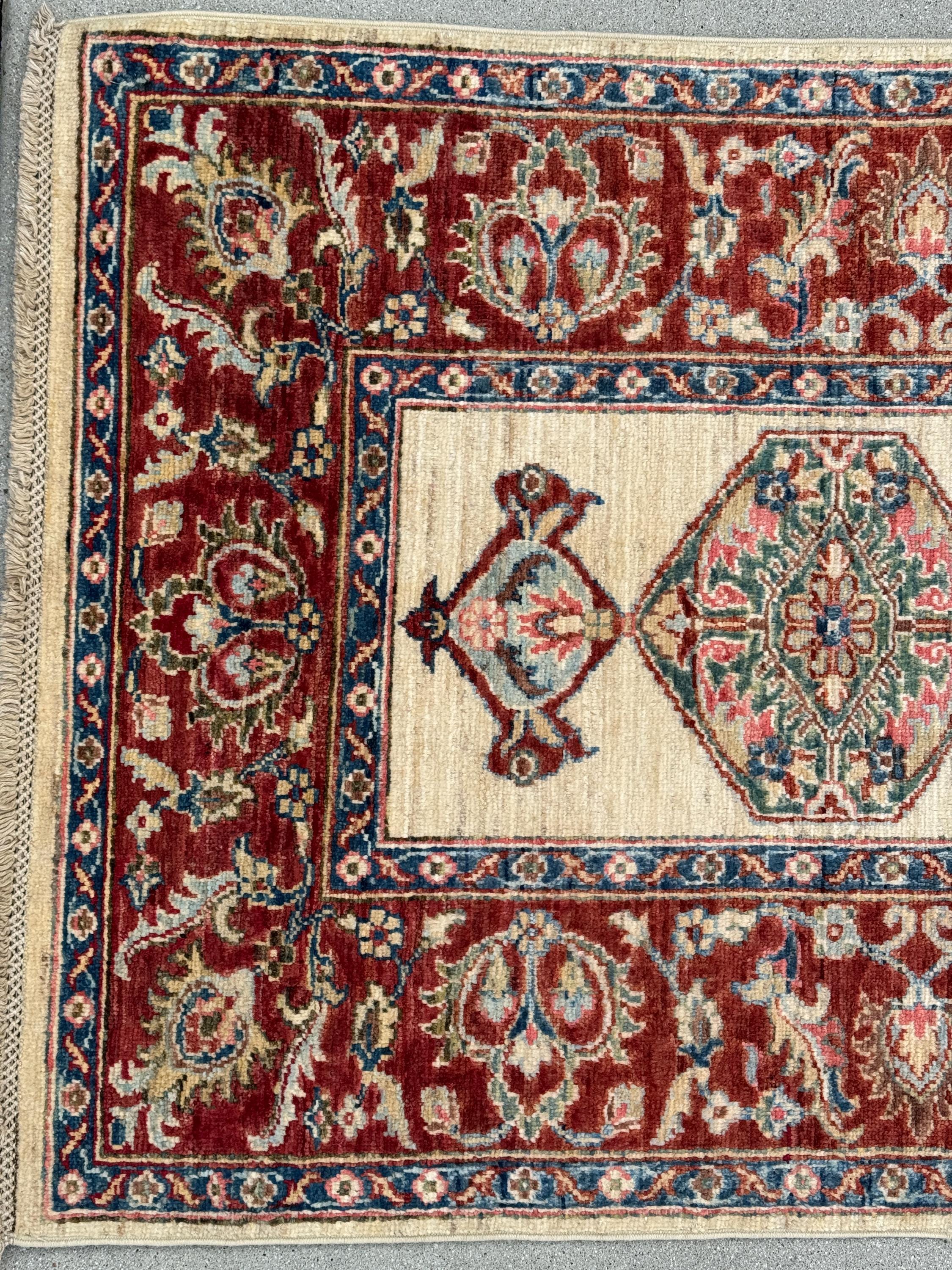 3x14 Handmade Afghan Wool Runner | Long Tribal Medallion Runner Rug | Red Ivory Hallway Runner