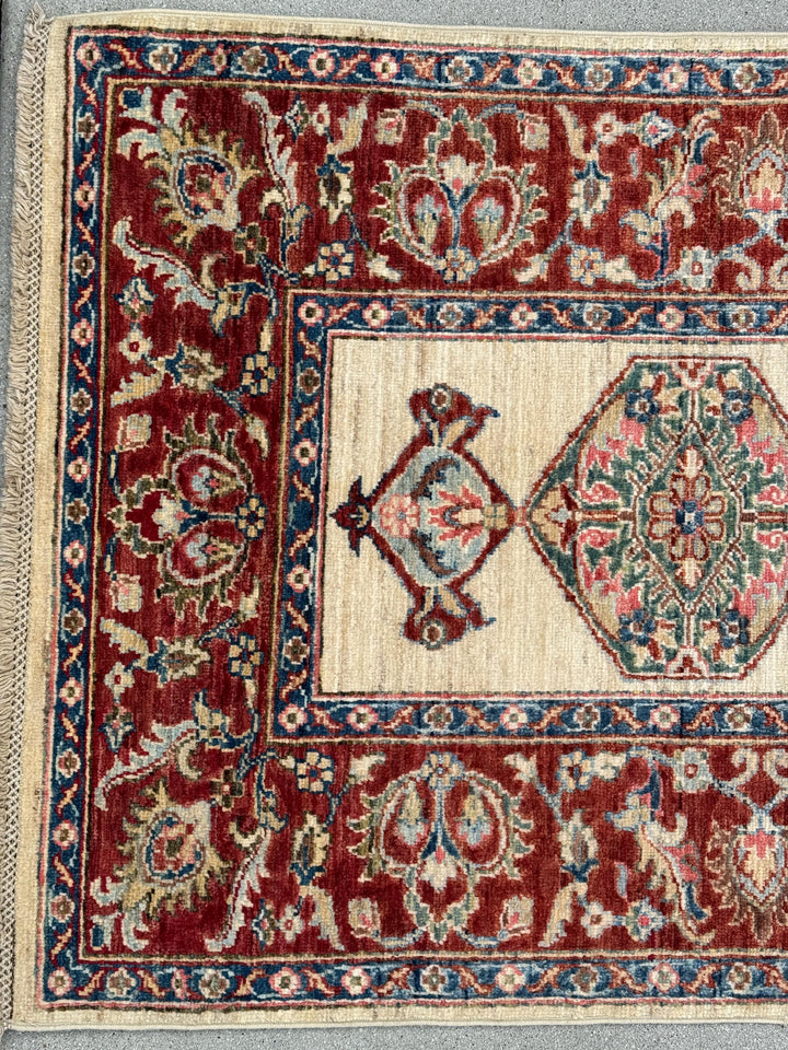 3x14 Handmade Afghan Wool Runner | Long Tribal Medallion Runner Rug | Red Ivory Hallway Runner