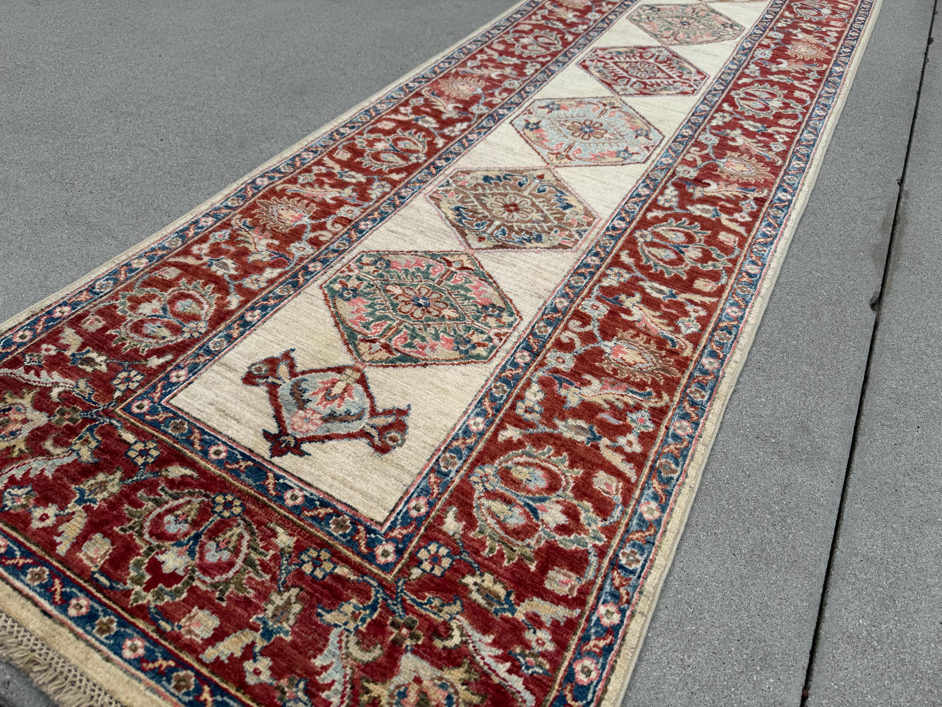 3x14 Handmade Afghan Wool Runner | Long Tribal Medallion Runner Rug | Red Ivory Hallway Runner