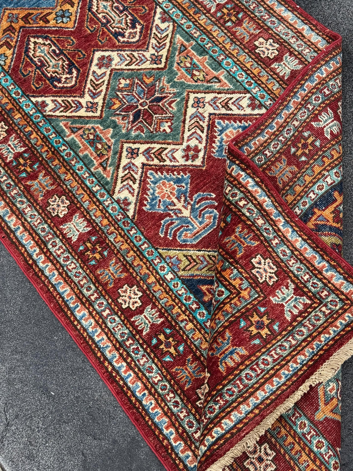 3x10 Handmade Afghan Wool Runner | Tribal Kazak Style Runner Rug | Red Blue Hallway Runner
