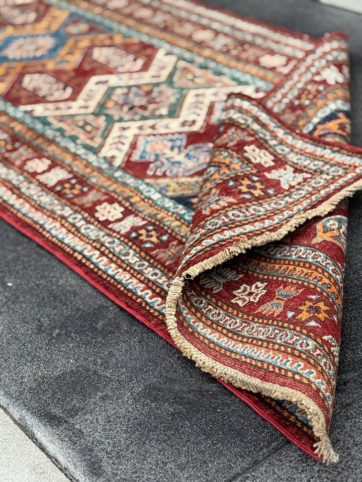 3x10 Handmade Afghan Wool Runner | Tribal Kazak Style Runner Rug | Red Blue Hallway Runner