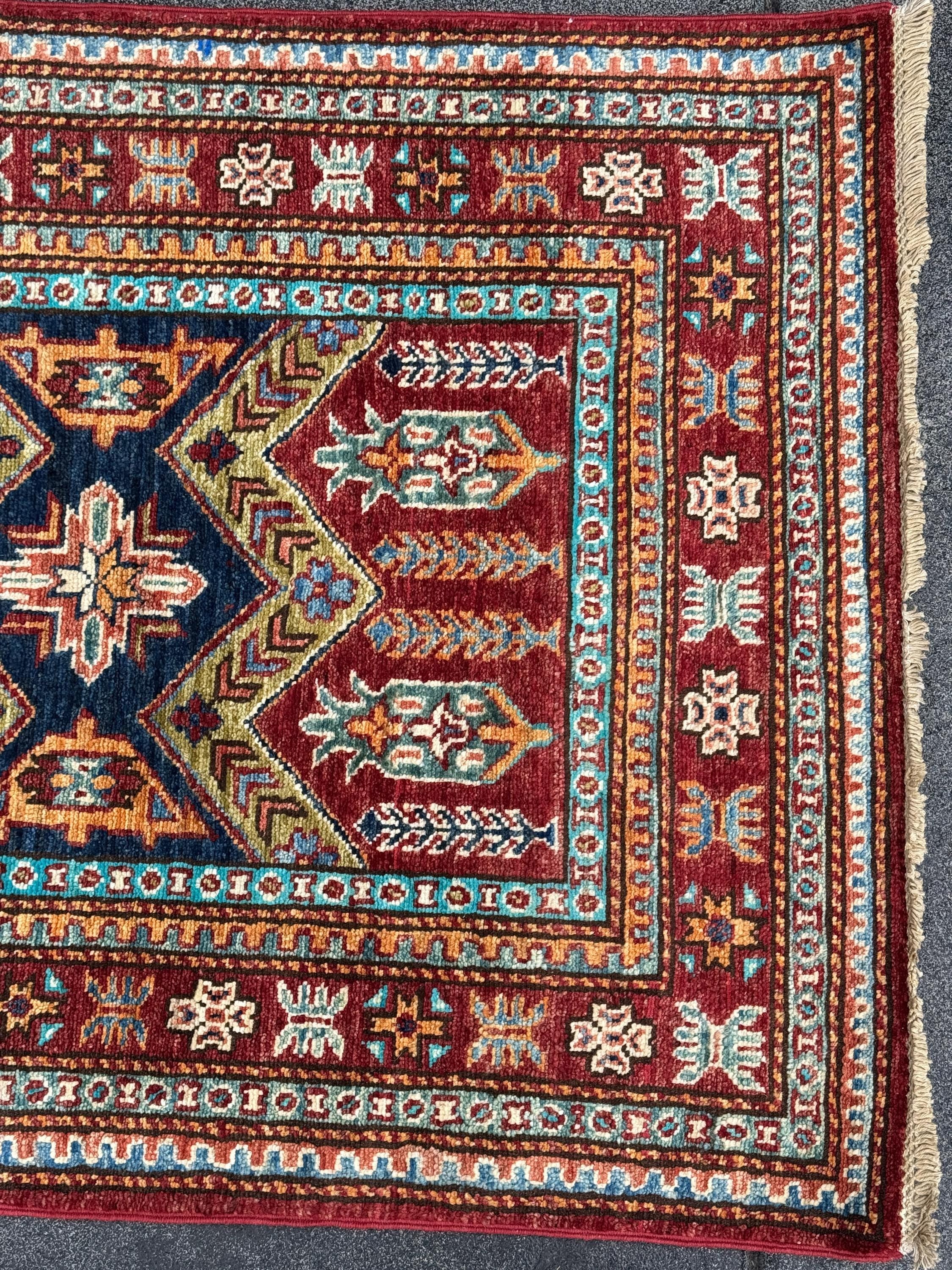 3x10 Handmade Afghan Wool Runner | Tribal Kazak Style Runner Rug | Red Blue Hallway Runner