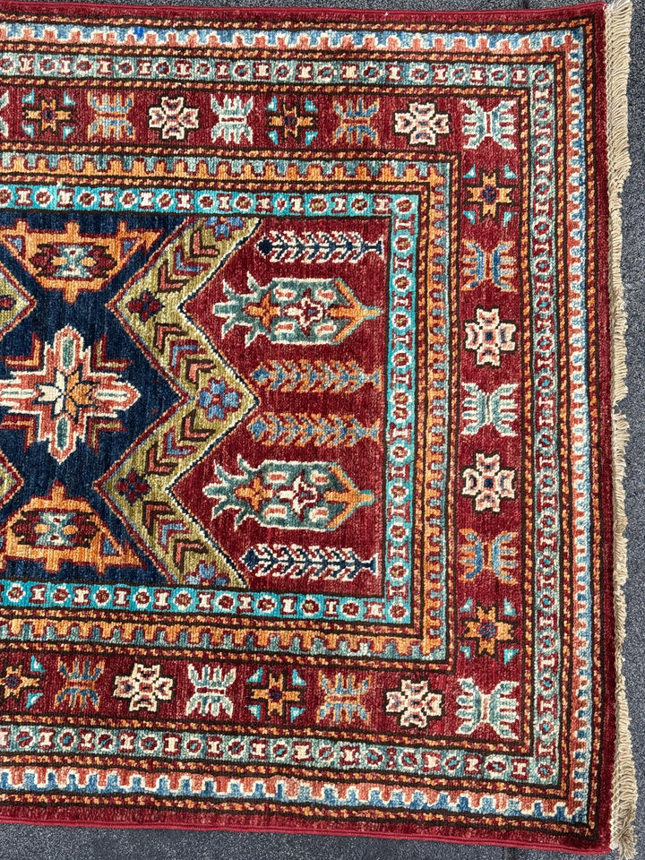 3x10 Handmade Afghan Wool Runner | Tribal Kazak Style Runner Rug | Red Blue Hallway Runner