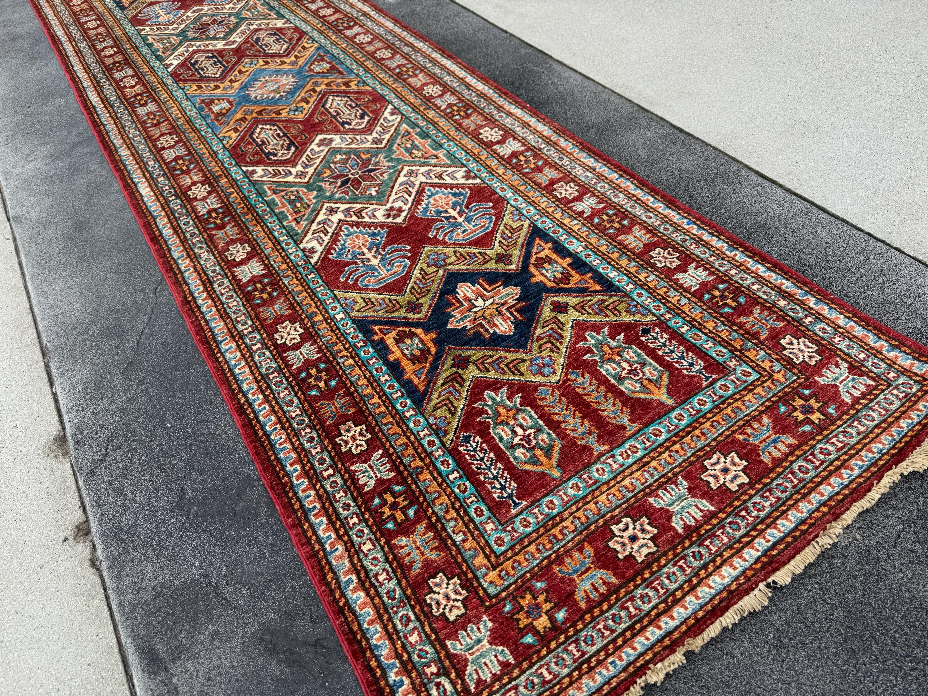 3x10 Handmade Afghan Wool Runner | Tribal Kazak Style Runner Rug | Red Blue Hallway Runner