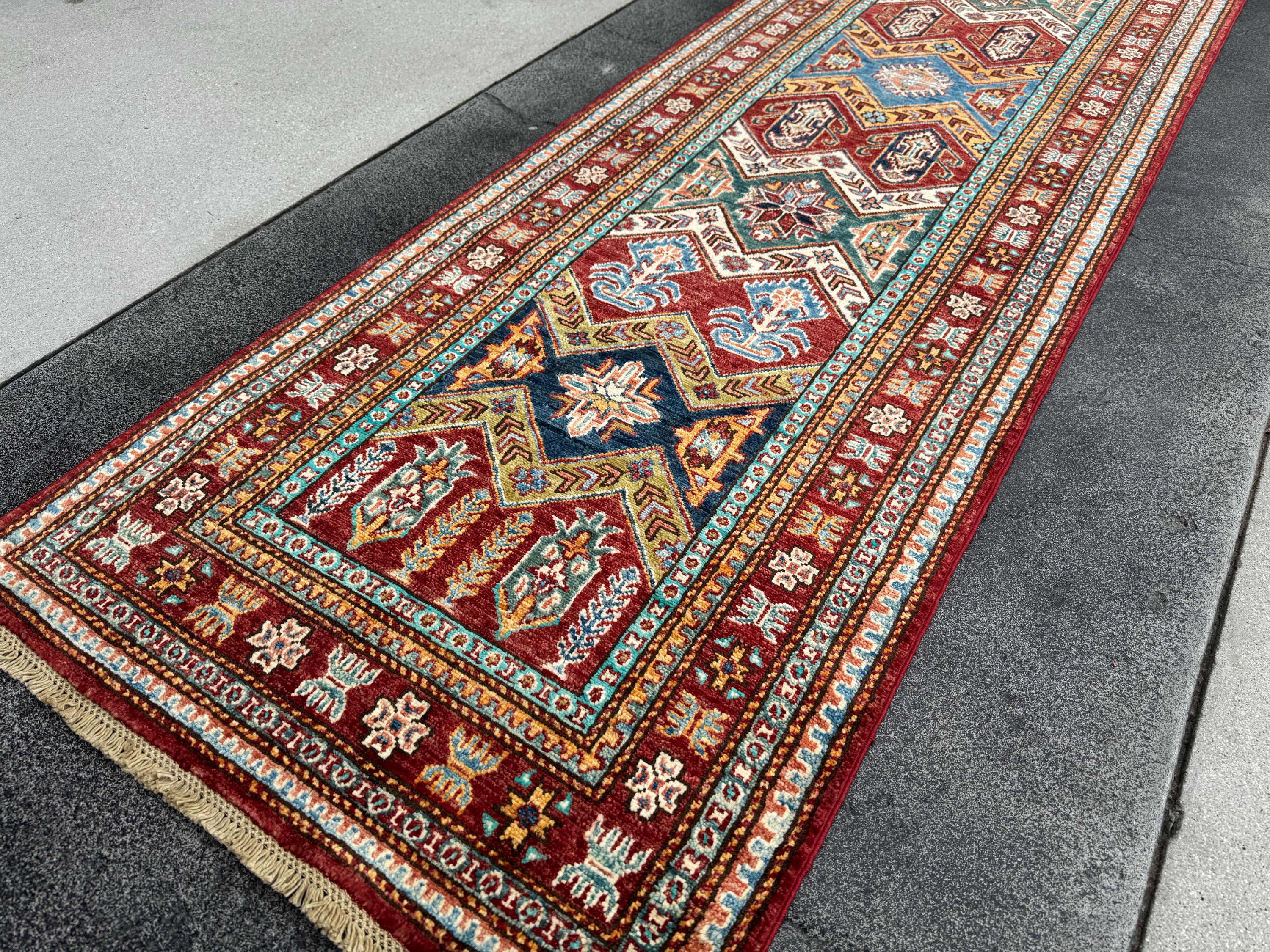 3x10 Handmade Afghan Wool Runner | Tribal Kazak Style Runner Rug | Red Blue Hallway Runner
