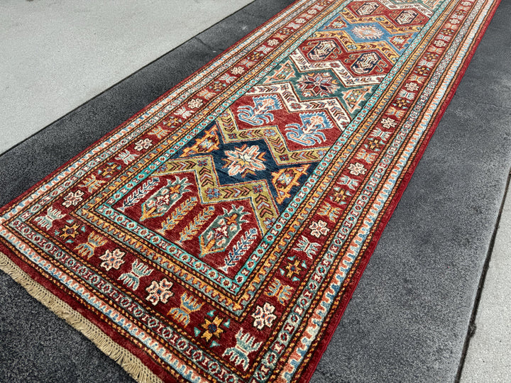 3x10 Handmade Afghan Wool Runner | Tribal Kazak Style Runner Rug | Red Blue Hallway Runner