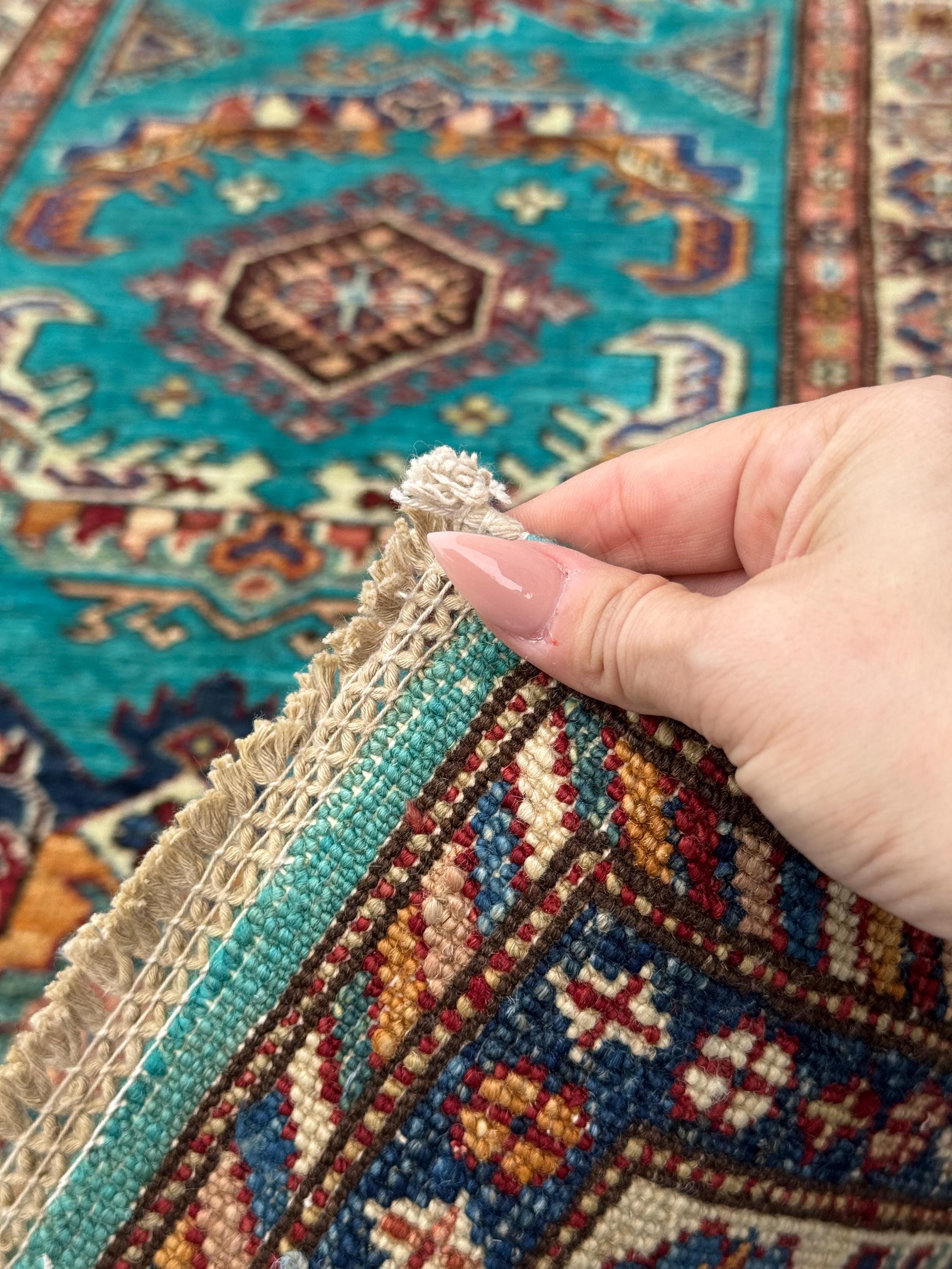 3x11 Handmade Afghan Wool Runner Rug | Teal Kazak Style Runner Rug | Tribal Hallway Runner