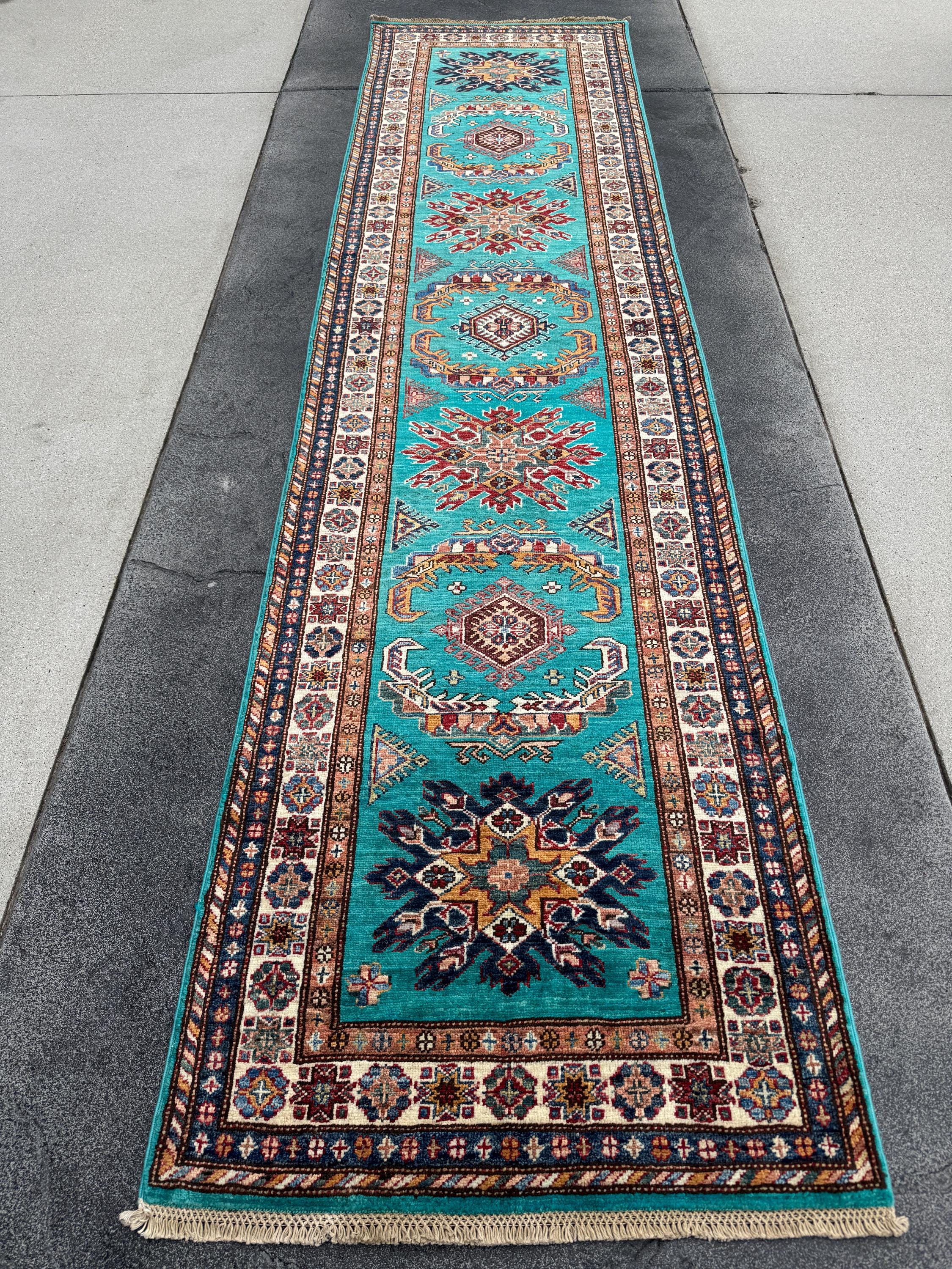 3x11 Handmade Afghan Wool Runner Rug | Teal Kazak Style Runner Rug | Tribal Hallway Runner