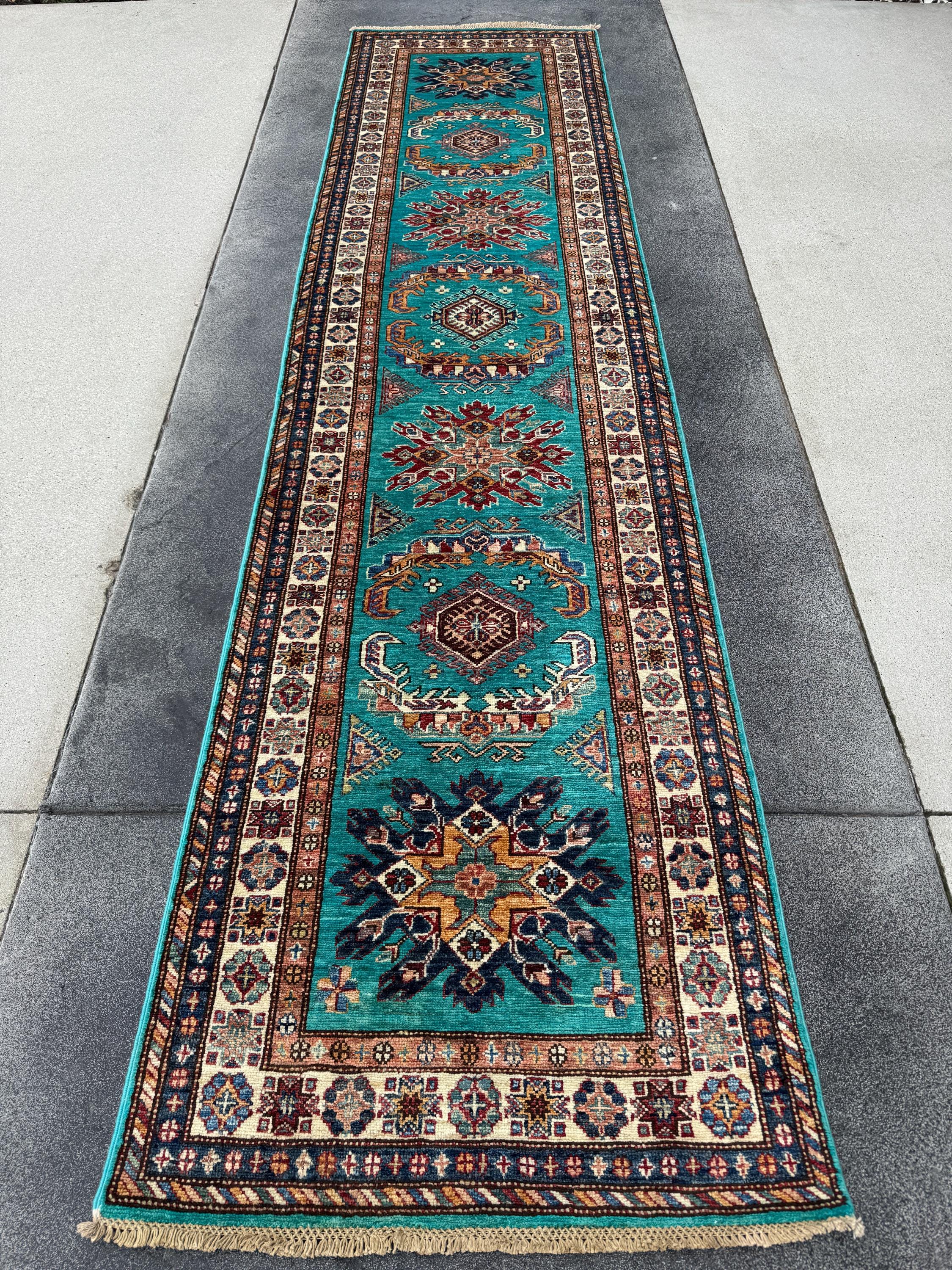 3x11 Handmade Afghan Wool Runner Rug | Teal Kazak Style Runner Rug | Tribal Hallway Runner