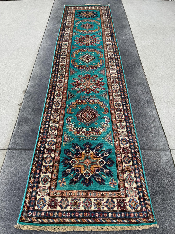 3x11 Handmade Afghan Wool Runner Rug | Teal Kazak Style Runner Rug | Tribal Hallway Runner