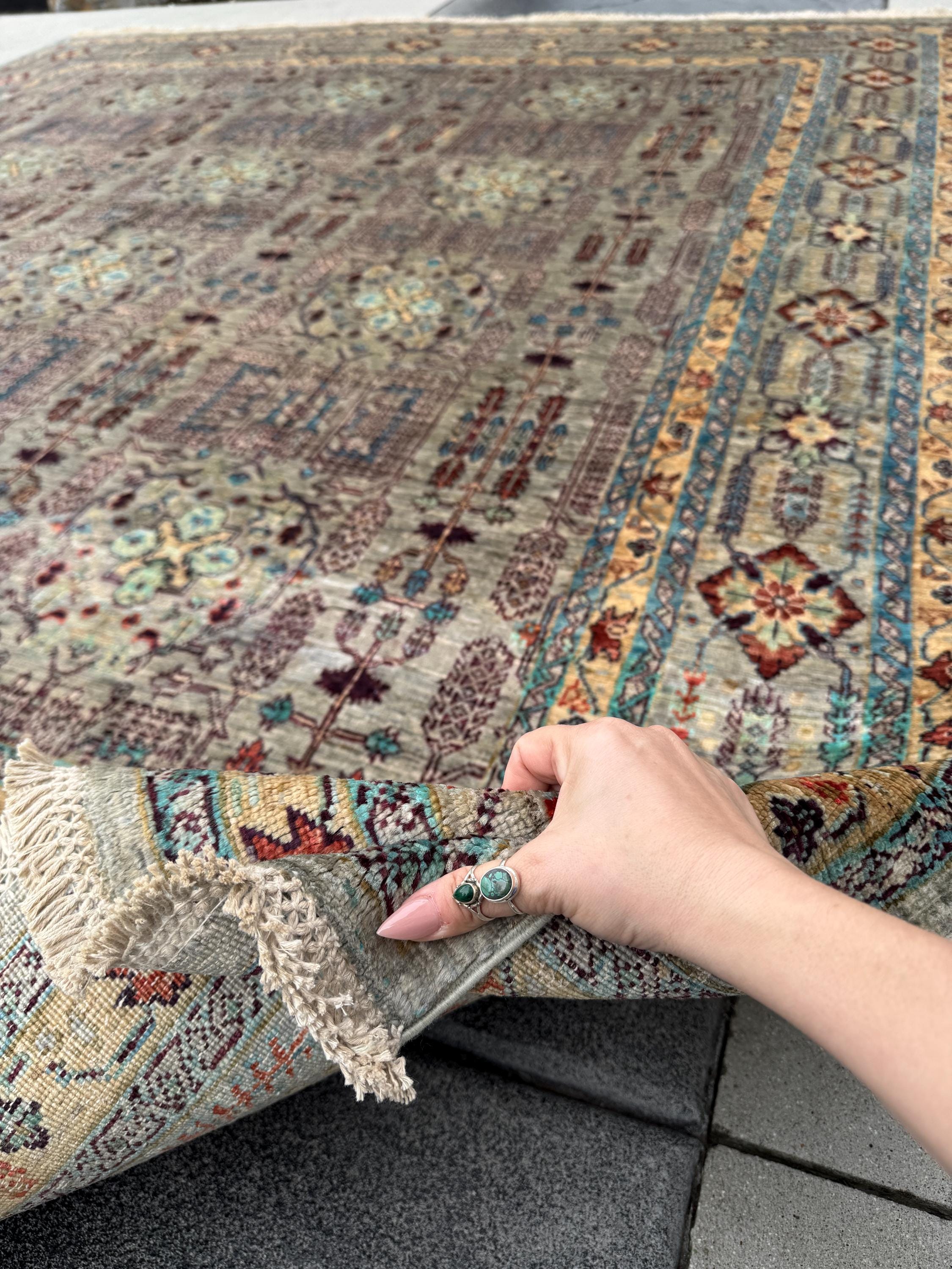 9x10 Handmade Afghan Wool Rug | Muted Tribal Floral Grid Rug | Gray Blue Heirloom Area Rug