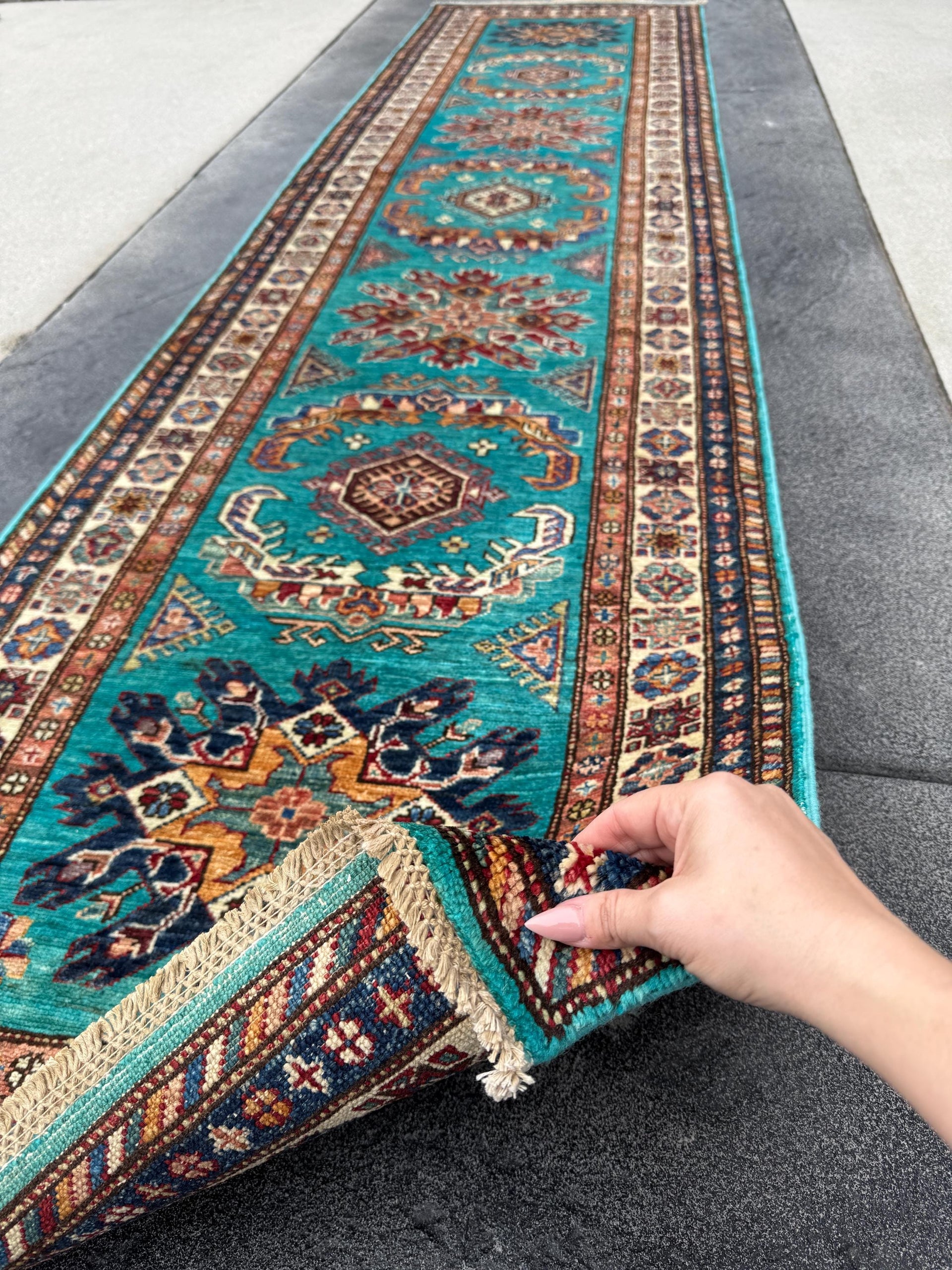 3x11 Handmade Afghan Wool Runner Rug | Teal Kazak Style Runner Rug | Tribal Hallway Runner