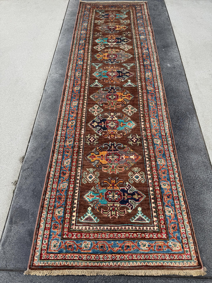 3x10 Handmade Afghan Wool Runner | Brown Kazak Style Knotted Runner Rug | Tribal Hallway Runner