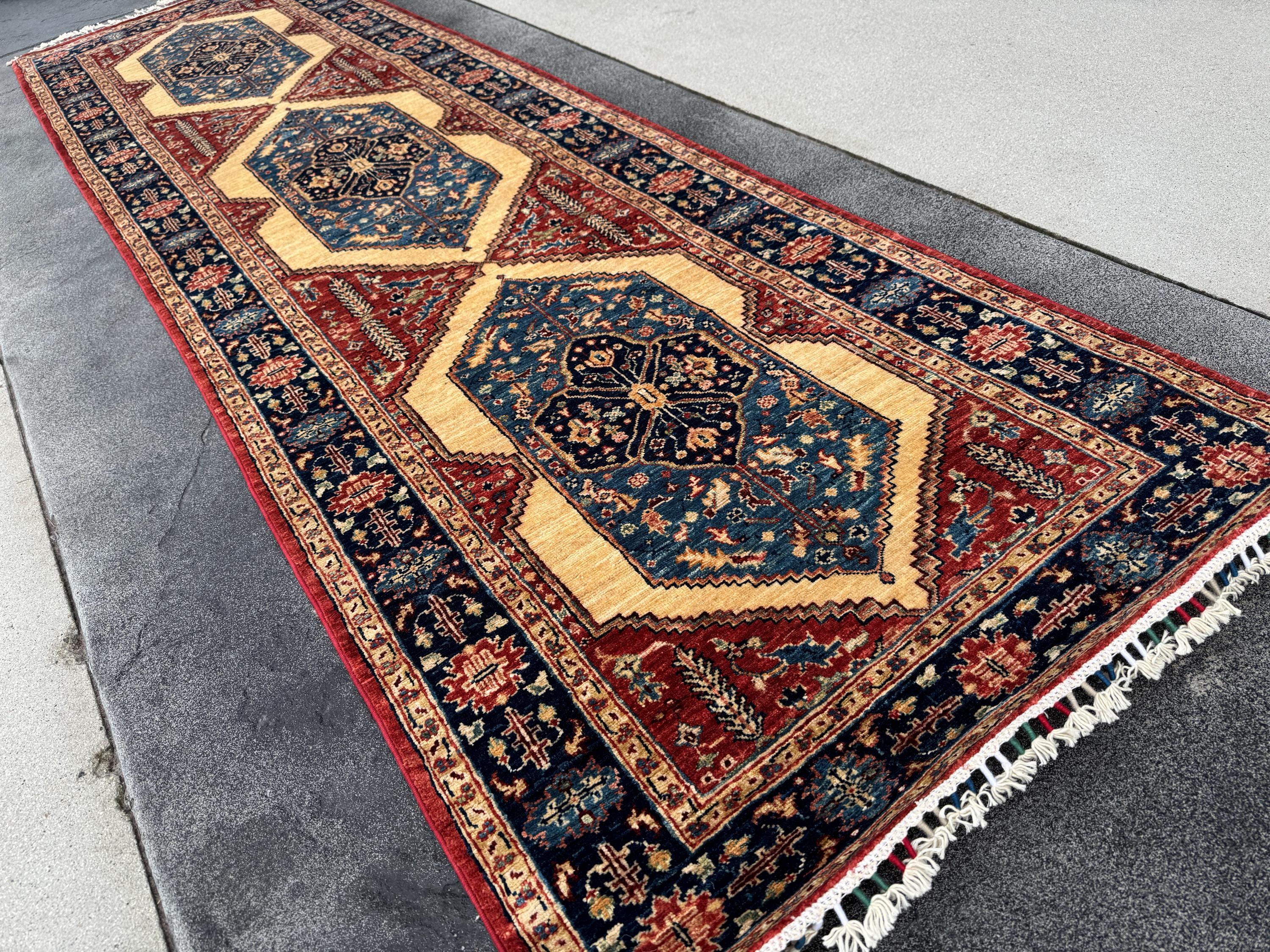 3x10 Handmade Afghan Wool Runner | Tribal Medallion Runner Rug | Red Blue Hallway Runner