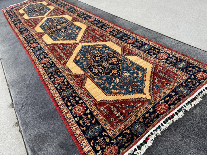 3x10 Handmade Afghan Wool Runner | Tribal Medallion Runner Rug | Red Blue Hallway Runner