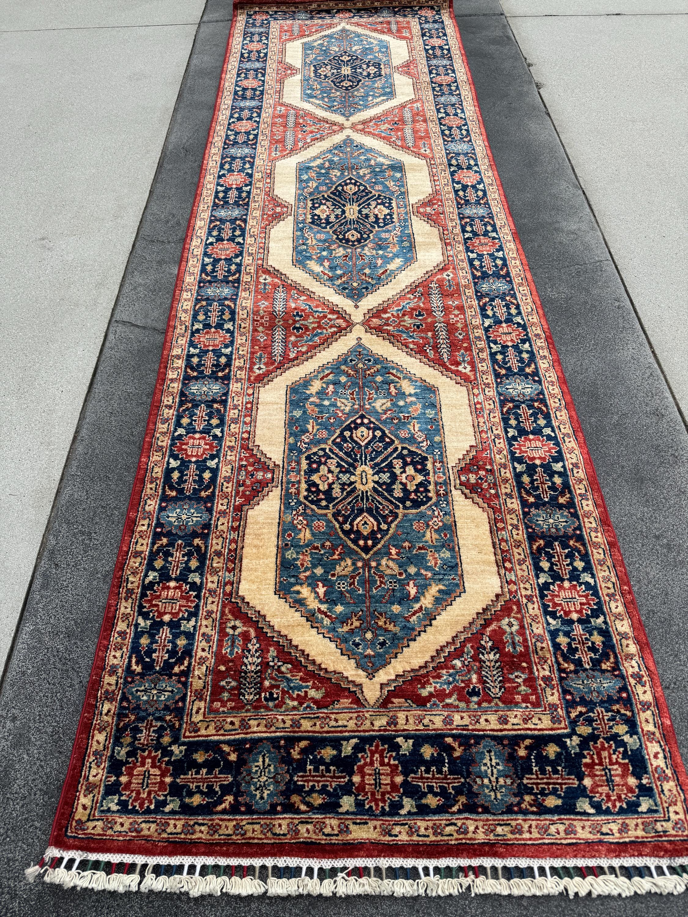 3x10 Handmade Afghan Wool Runner | Tribal Medallion Runner Rug | Red Blue Hallway Runner