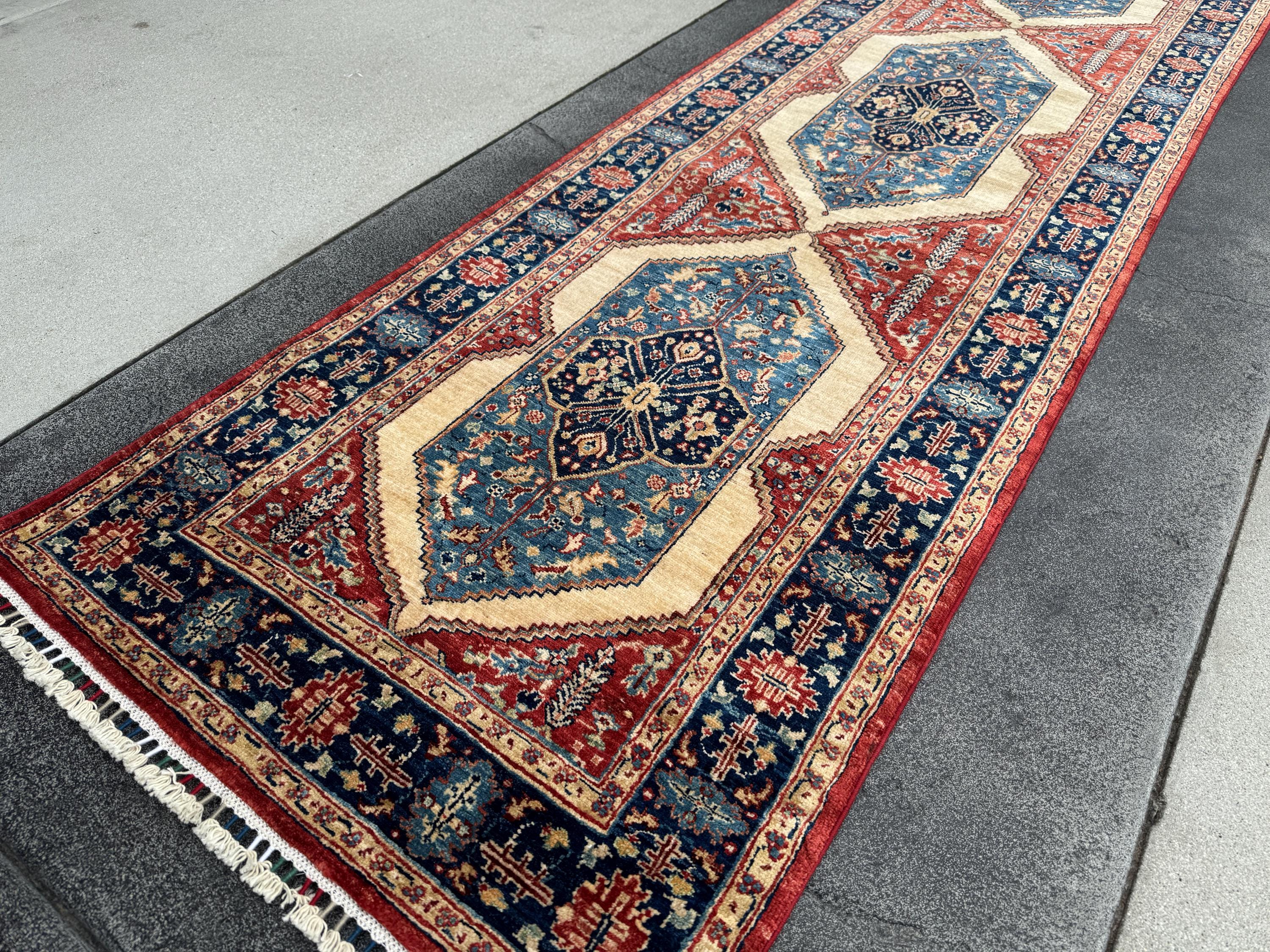 3x10 Handmade Afghan Wool Runner | Tribal Medallion Runner Rug | Red Blue Hallway Runner