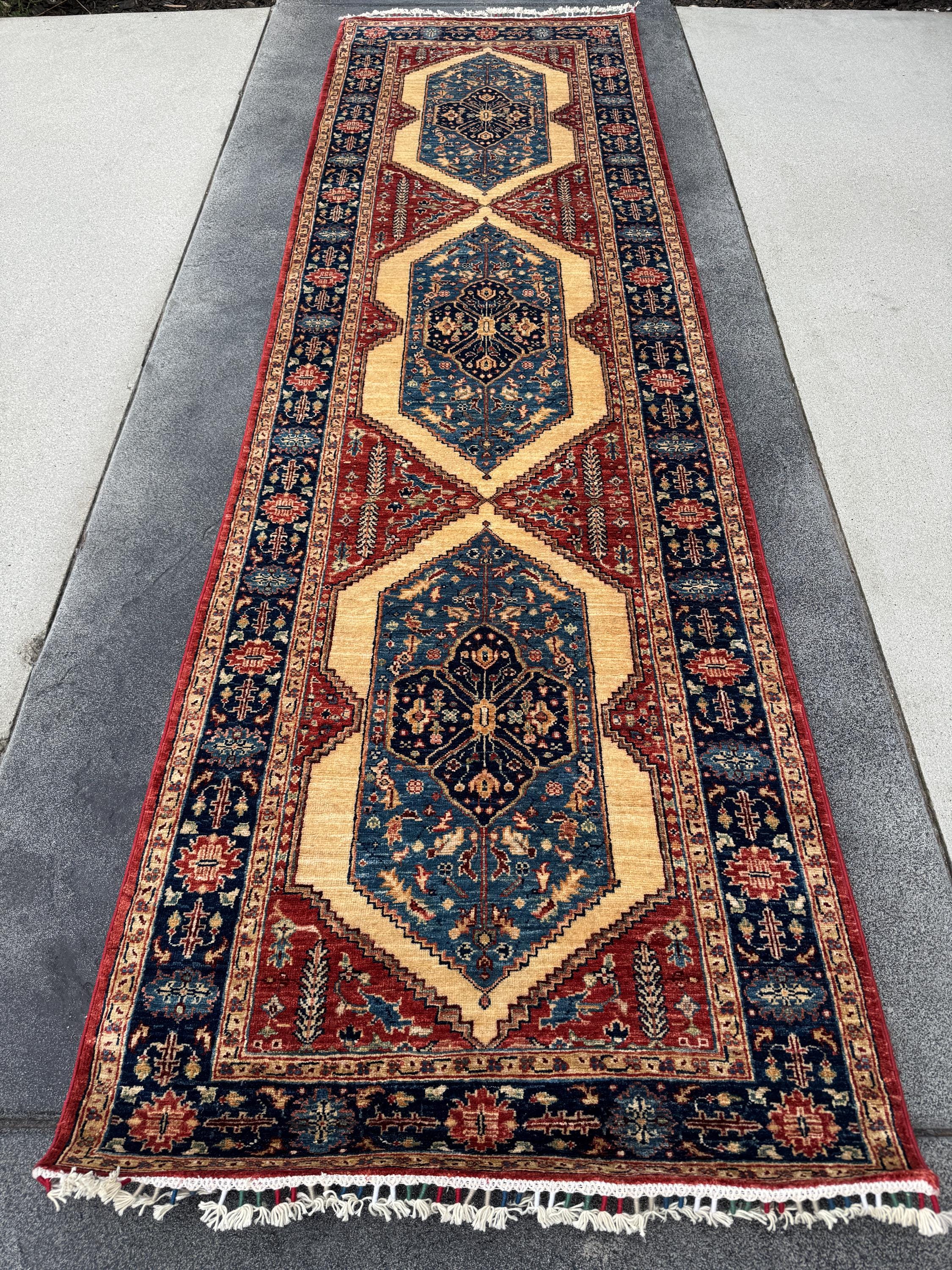 3x10 Handmade Afghan Wool Runner | Tribal Medallion Rug | Red Blue Hallway Runner