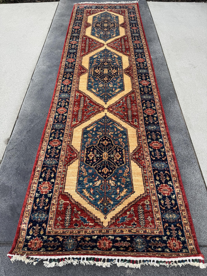 3x10 Handmade Afghan Wool Runner | Tribal Medallion Rug | Red Blue Hallway Runner