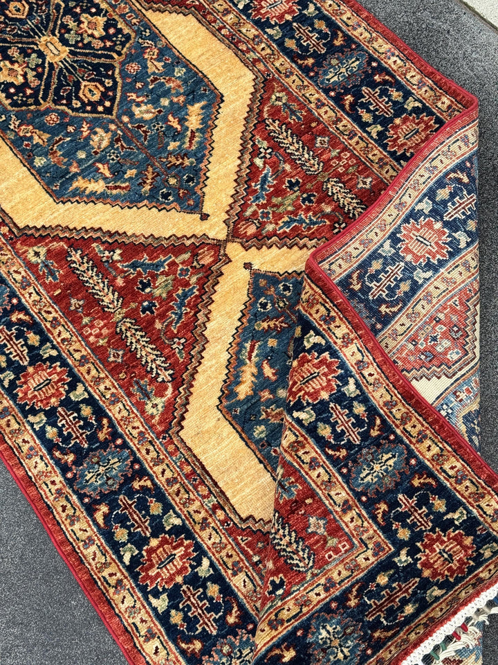 3x10 Handmade Afghan Wool Runner | Tribal Medallion Rug | Red Blue Hallway Runner