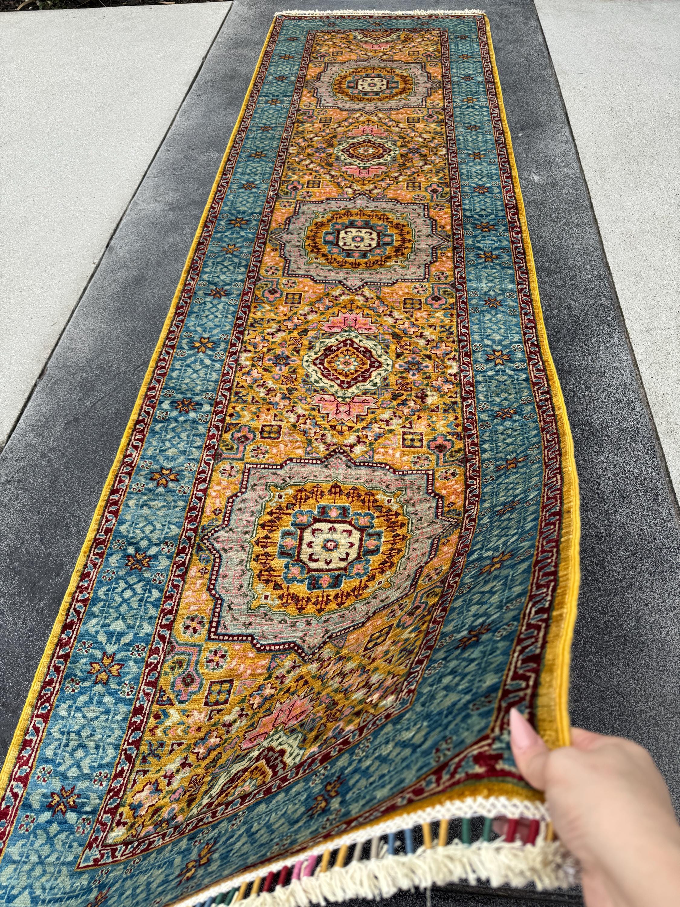 3x10 Handmade Afghan Wool Runner Rug | Traditional Medallion Design | Powder Blue And Gold