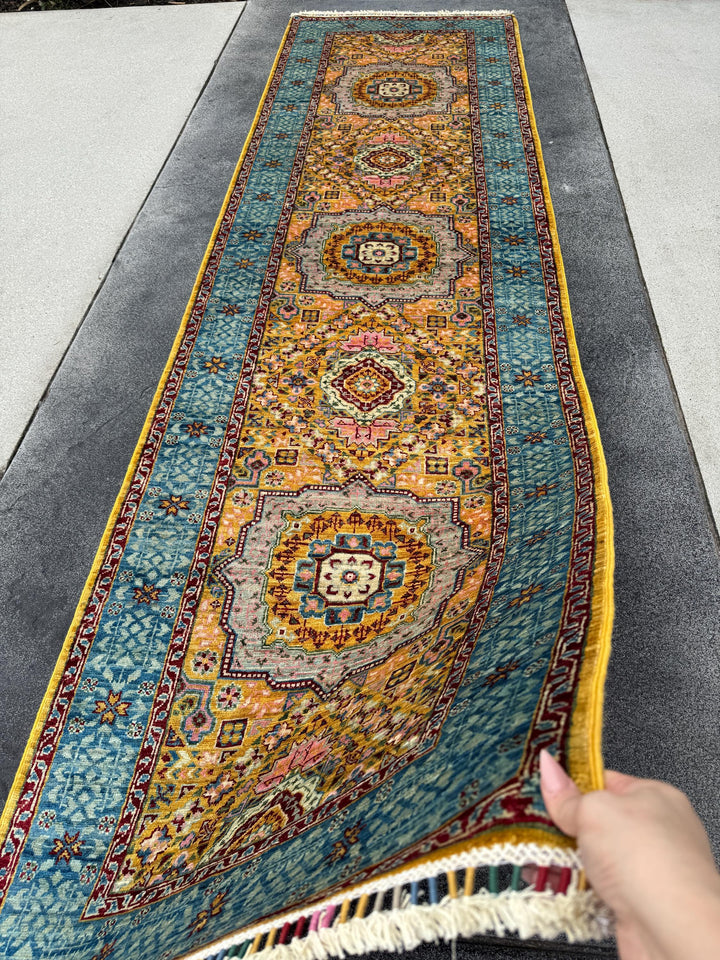 3x10 Handmade Afghan Wool Runner Rug | Traditional Medallion Design | Powder Blue And Gold