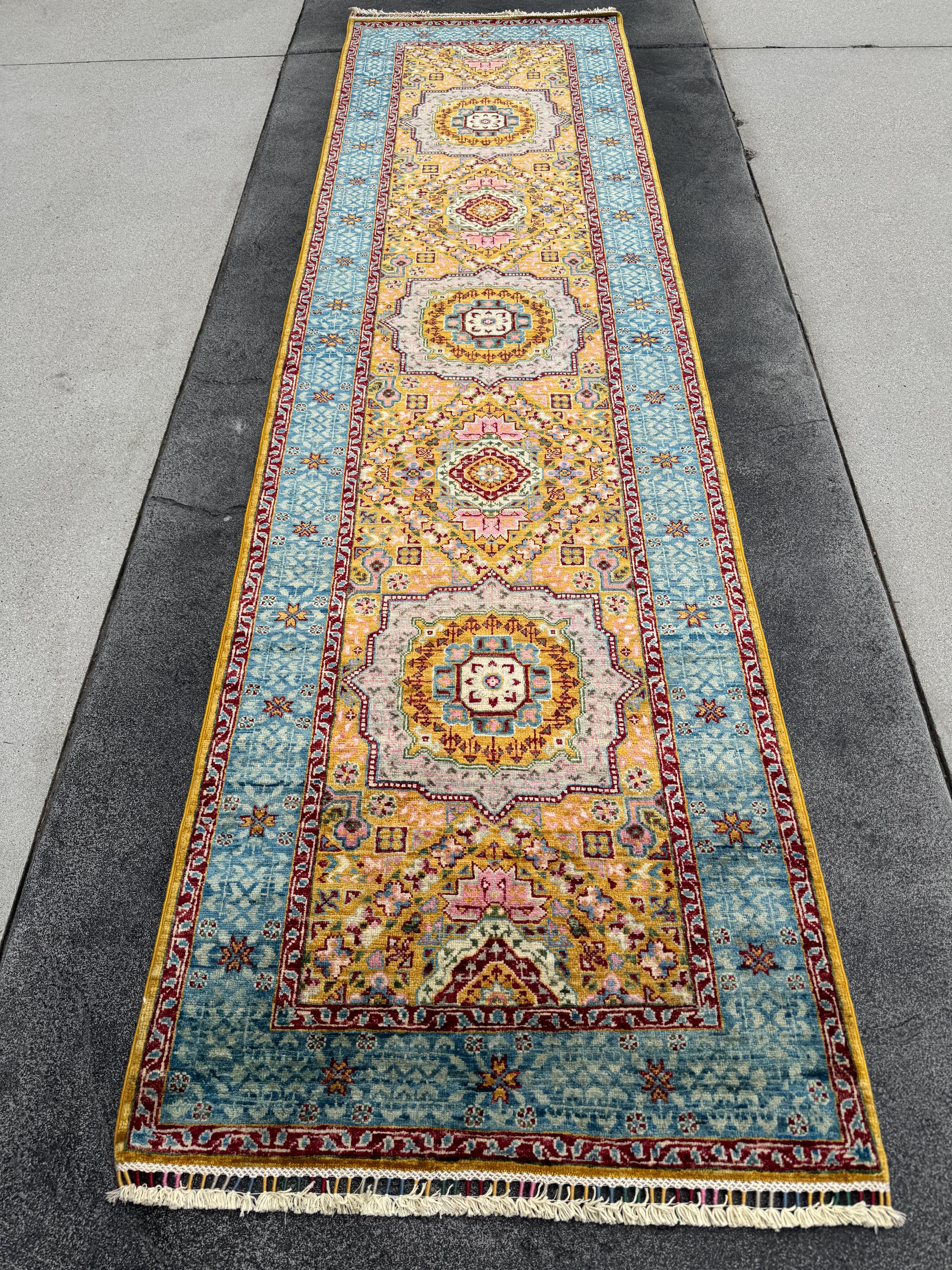 3x10 Handmade Afghan Wool Runner Rug | Traditional Medallion Design | Powder Blue And Gold