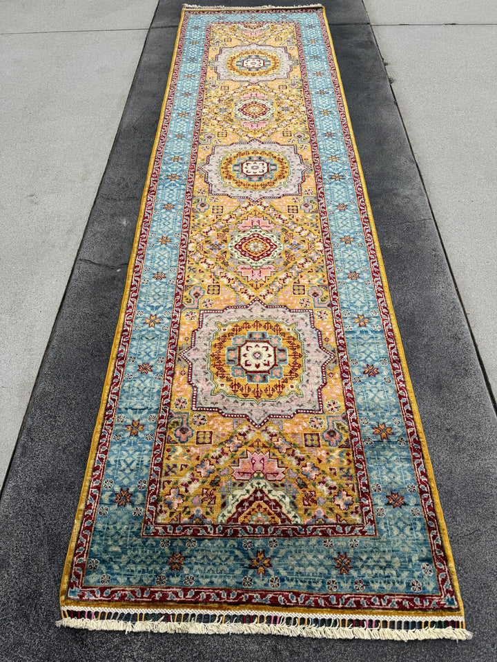 3x10 Handmade Afghan Wool Runner Rug | Traditional Medallion Design | Powder Blue And Gold