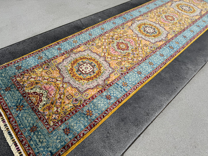 3x10 Handmade Afghan Wool Runner Rug | Traditional Medallion Design | Powder Blue And Gold