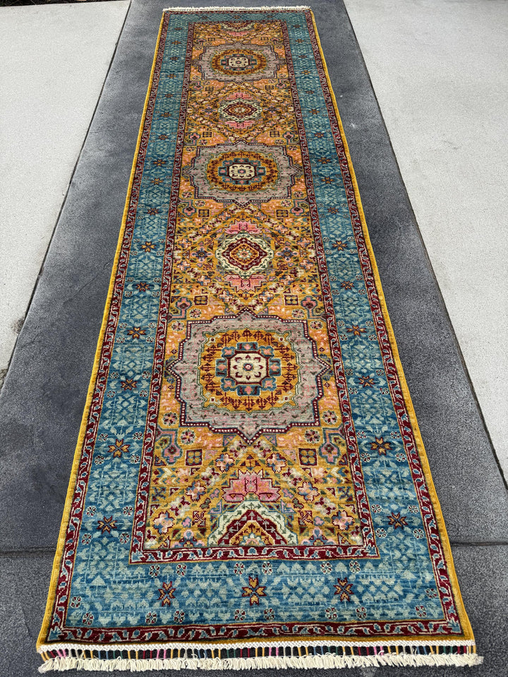 3x10 Handmade Afghan Wool Runner Rug | Traditional Medallion Design | Powder Blue And Gold