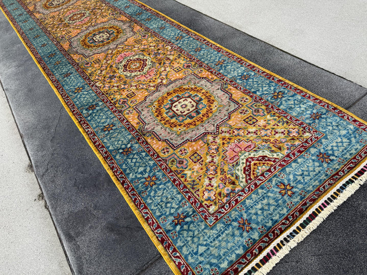 3x10 Handmade Afghan Wool Runner Rug | Traditional Medallion Design | Powder Blue And Gold