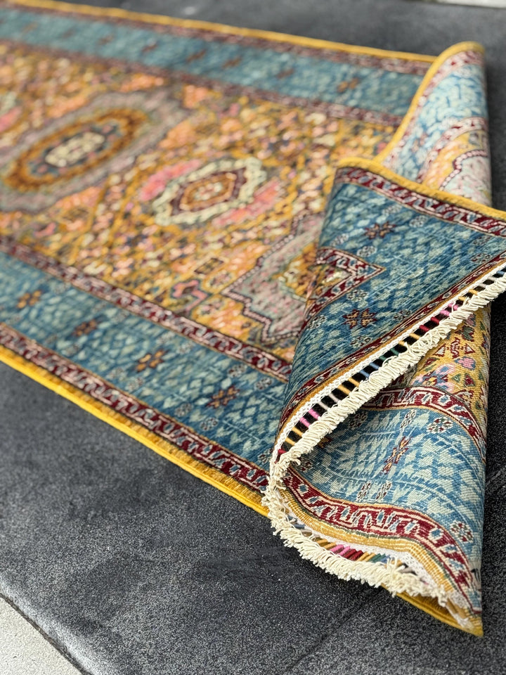 3x10 Handmade Afghan Wool Runner Rug | Traditional Medallion Design | Powder Blue And Gold