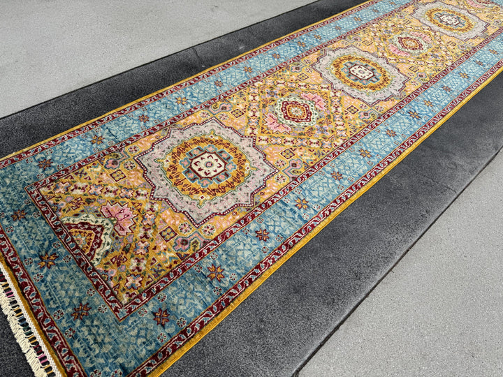 3x10 Handmade Afghan Wool Runner Rug | Traditional Medallion Design | Powder Blue And Gold