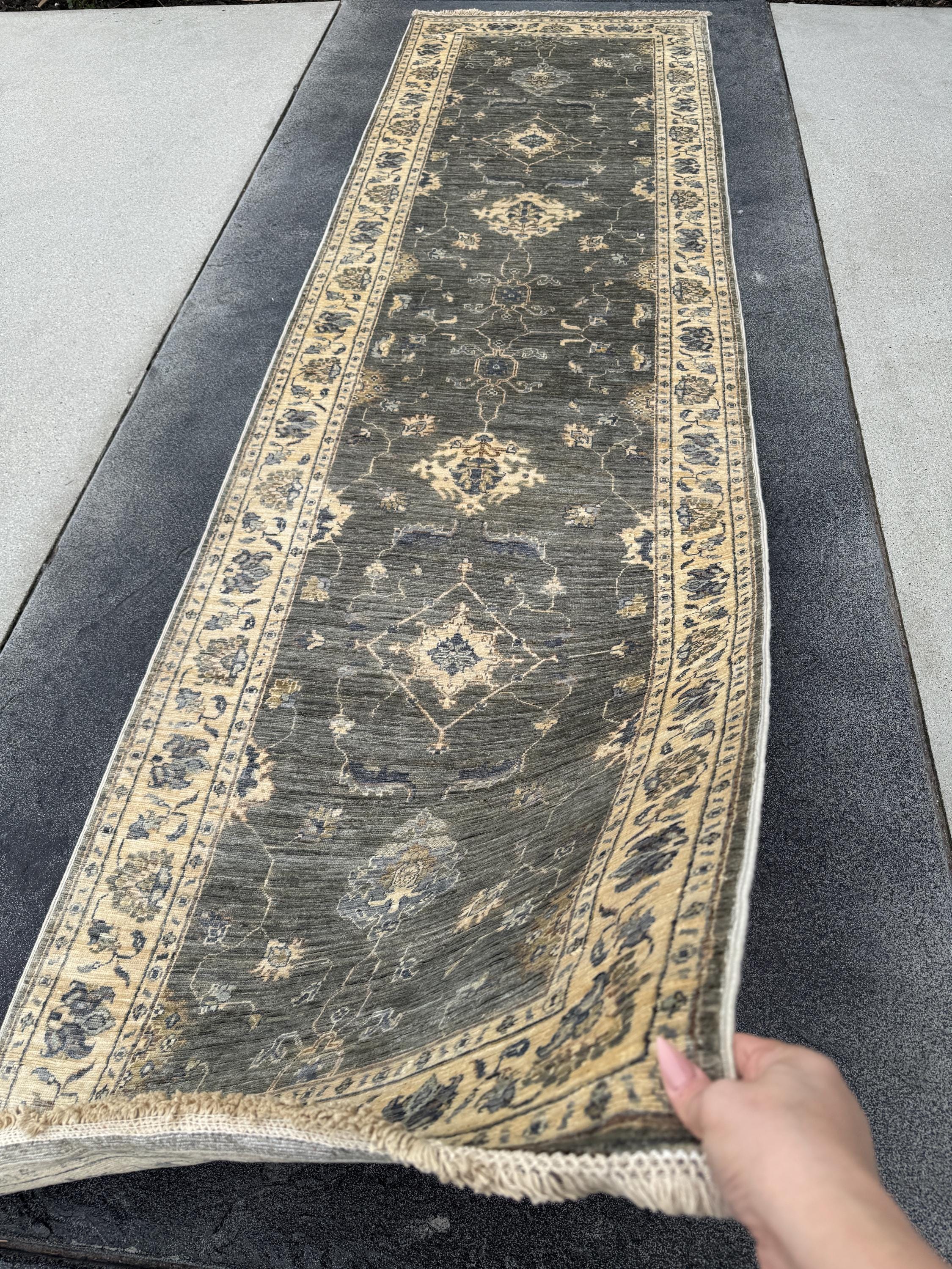 3x10 Handmade Afghan Wool Runner Rug | Traditional Floral Medallion | Slate Grey And Blue