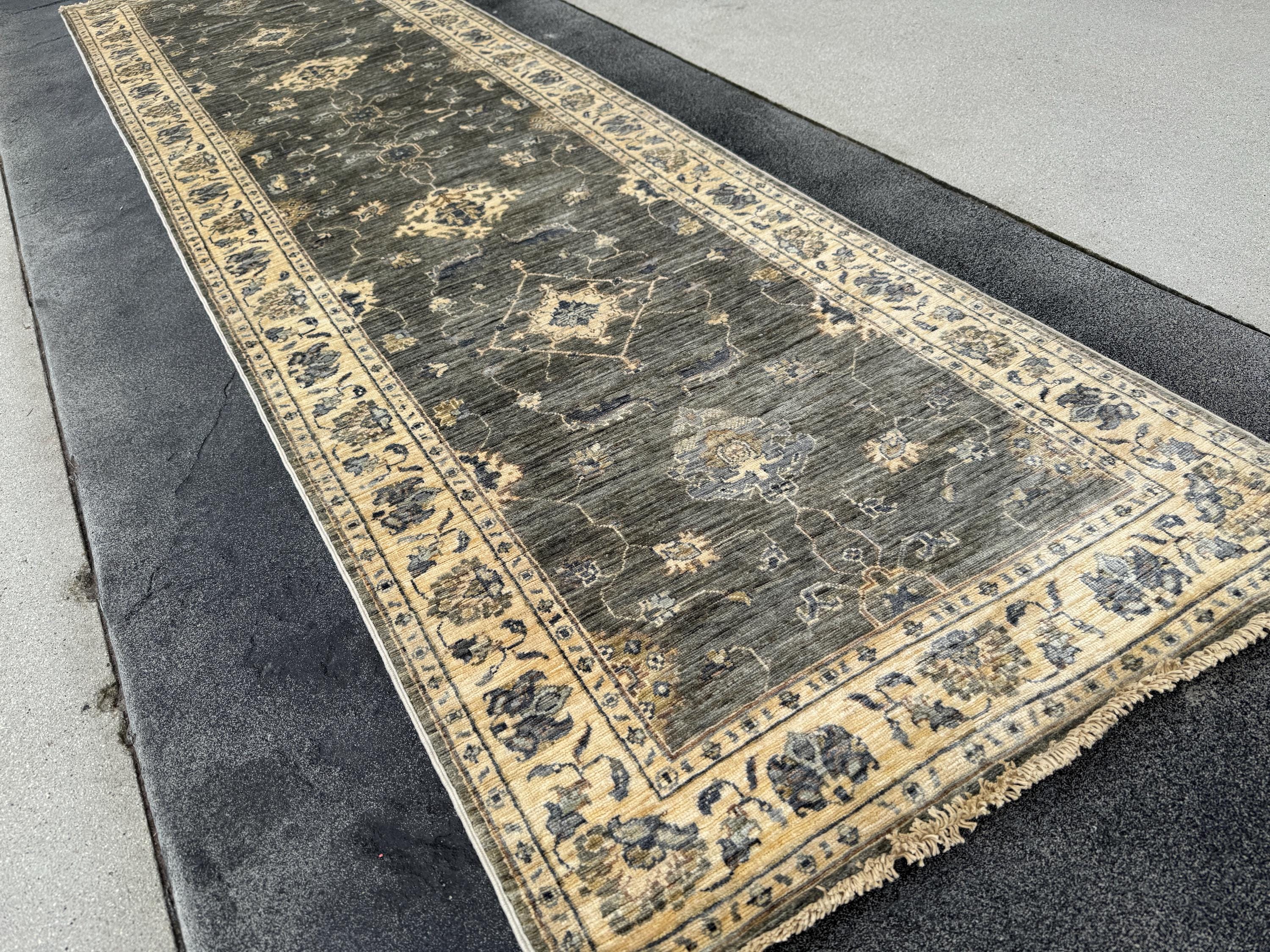 3x10 Handmade Afghan Wool Runner Rug | Traditional Floral Medallion | Slate Grey And Blue