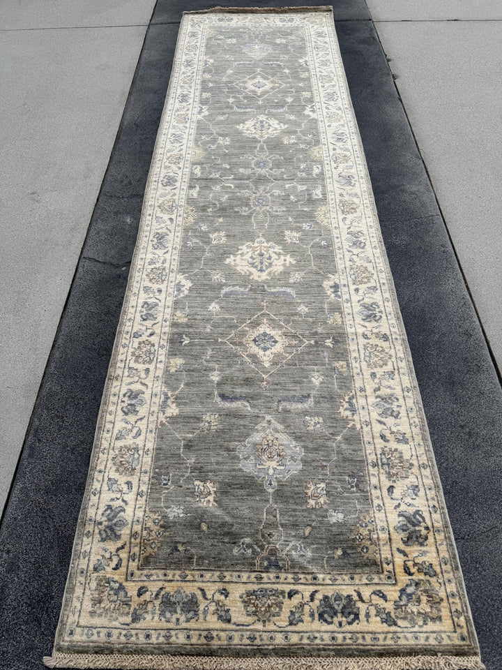 3x10 Handmade Afghan Wool Runner Rug | Traditional Floral Medallion | Slate Grey And Blue