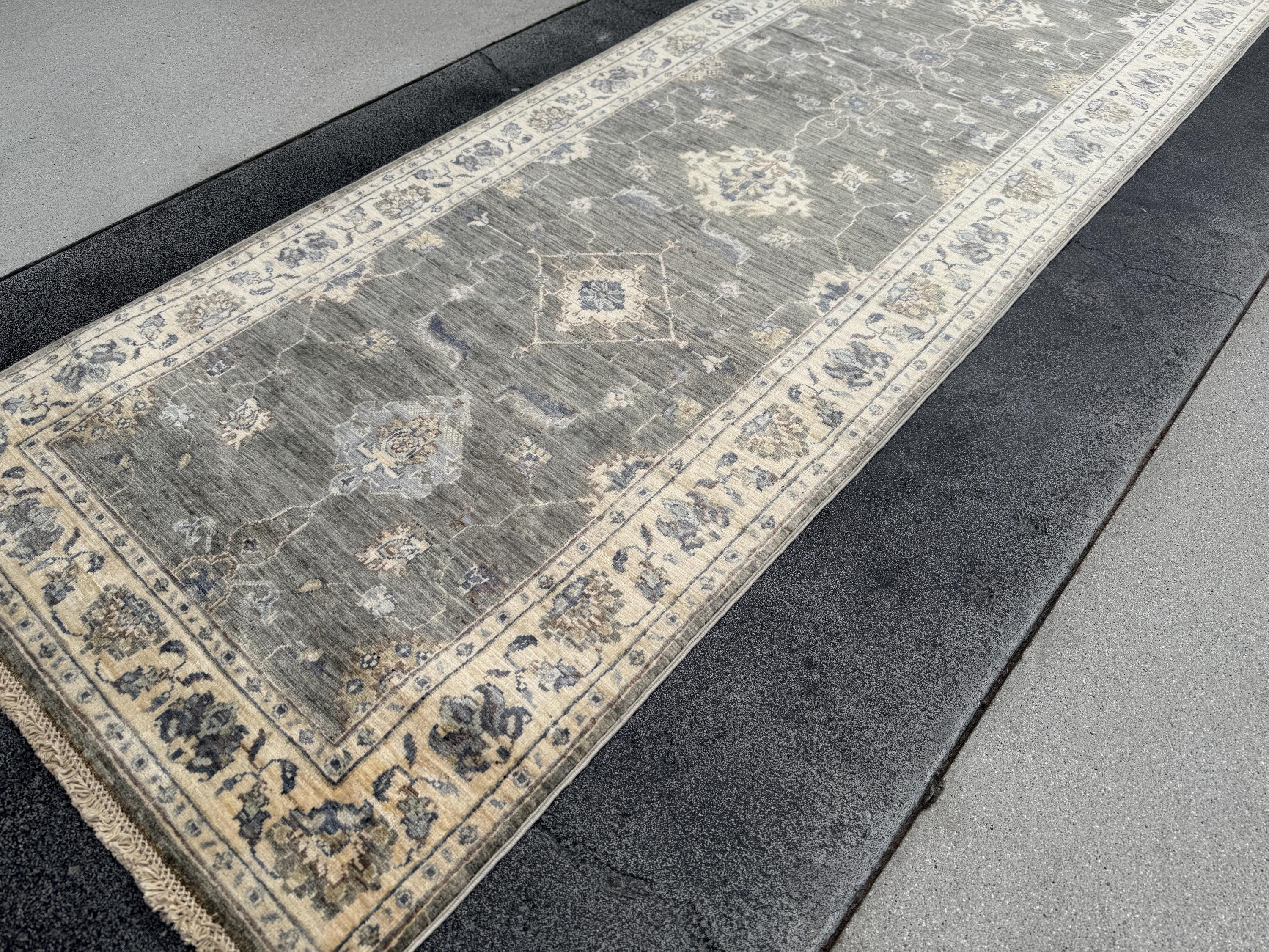 3x10 Handmade Afghan Wool Runner Rug | Traditional Floral Medallion | Slate Grey And Blue